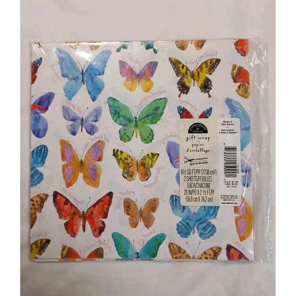 Vintage‎ Butterfly Gift Wrap Paper Butterflies on White Watercolor 2 Sheets NEW